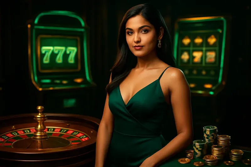 Luxury Casino Banner Elegant woman near roulette and slot machines in luxury casino